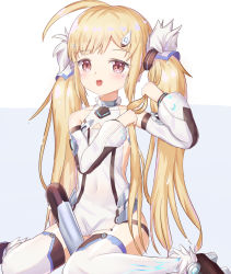 Rule 34 | 1girl, :o, ahoge, azur lane, bad id, bad pixiv id, bare shoulders, between legs, blonde hair, blush, brown eyes, brown footwear, collarbone, commentary request, detached sleeves, dress, eldridge (azur lane), electricity, facial mark, hair ornament, highres, long sleeves, mapi (mapi 9), open mouth, puffy long sleeves, puffy sleeves, purple background, shoes, sidelocks, sitting, sleeveless, sleeveless dress, solo, teeth, thighhighs, thighs, torpedo, twintails, two-tone background, upper teeth only, wariza, wet, wet hair, white background, white dress, white thighhighs, wringing hair