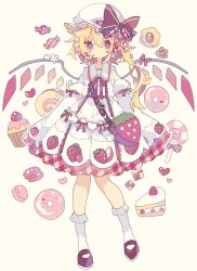 Rule 34 | 1girl, adapted costume, bag, beige background, blonde hair, blush, bobby socks, bow, bright pupils, cake, candy, checkerboard cookie, commentary, cookie, crystal, cupcake, dress, earrings, flandre scarlet, flower earrings, food, food-themed earrings, food print, food themed earrings, full body, hat, hat bow, highres, jewelry, lollipop, long hair, long sleeves, looking at viewer, macaron, mob cap, neck ribbon, nikorashi-ka, pointy ears, red bow, red eyes, red footwear, red ribbon, ribbon, shoes, shoulder bag, side ponytail, simple background, socks, solo, strawberry bag, strawberry earrings, strawberry print, strawberry shortcake, sweets, swirl lollipop, swiss roll, thumbprint cookie, touhou, white dress, white hat, white socks, wide sleeves, wing bow, wings, wrapped candy