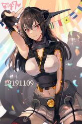 Rule 34 | 1girl, arm up, black gloves, black hair, blush, closed mouth, cowboy shot, dated, flag, gloves, hair between eyes, headgear, heart, highres, kantai collection, kasumi (skchkko), long hair, looking at viewer, nagato (kancolle), navel, partially fingerless gloves, pleated skirt, red eyes, red thighhighs, skirt, smile, solo, thighhighs, white skirt