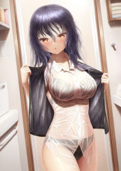 Rule 34 | 1girl, bare legs, bathroom, black hair, black vest, blush, bra visible through clothes, breasts, brown eyes, collarbone, collared shirt, hair between eyes, highres, indoors, large breasts, long hair, looking at viewer, masatoki, open clothes, open mouth, open vest, original, see-through, see-through shirt, shirt, sleeveless, solo, towel, undressing, vest, wet, wet clothes, wet hair, wet shirt, wet vest, white shirt