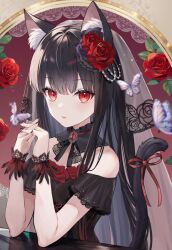 1girl animal_ear_fluff animal_ears aria_(ariacue) black_dress black_hair bug butterfly cat_ears cat_girl cat_tail closed_mouth dress flower hair_flower hair_ornament highres indie_virtual_youtuber insect itsuki_yuin long_hair looking_at_viewer nail_polish red_eyes red_nails red_ribbon ribbon rose see-through_clothes see-through_veil solo tail tail_ornament tail_ribbon veil very_long_hair virtual_youtuber