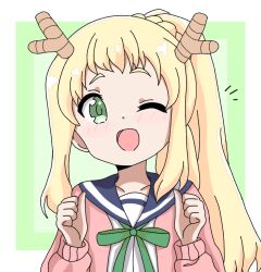 Rule 34 | 1girl, blonde hair, blue sailor collar, chikadaioshi, collarbone, dot nose, dragon horns, female focus, green background, green eyes, highres, horns, inose mai, koisuru asteroid, long hair, long sleeves, one eye closed, open mouth, open sweater, sailor collar, solo, sweater, thumbs up