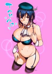 Rule 34 | 10s, 1girl, adapted costume, black hair, breasts, brown eyes, garter belt, garter straps, heart, kantai collection, large breasts, looking at viewer, ojo (dfreak), pink background, short hair, smile, solo, sweat, takao (kancolle)