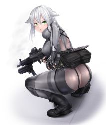 Rule 34 | 1girl, ass, assault rifle, bodysuit, boots, breasts, clip (weapon), combat knife, commentary request, covered erect nipples, eliminator kaede-san, explosive, fingernails, from behind, full body, gloves, green eyes, grenade, gun, hair flaps, highres, holding, holding weapon, knife, kuratsuki kaede, kurone rinka, long sleeves, looking at viewer, looking back, medium breasts, open mouth, shiny clothes, short hair, sig sg552, silver hair, simple background, skin tight, solo, squatting, submachine gun, trigger discipline, weapon, white background