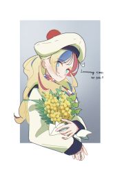 Rule 34 | 1girl, aqua eyes, beret, blonde hair, blue hair, closed mouth, commandant teste (kancolle), english text, flower, hat, highres, holding, holding flower, jacket, kantai collection, long hair, long sleeves, looking at viewer, multicolored hair, multiple girls, nanakoma, pom pom (clothes), red hair, scarf, simple background, solo, upper body, white hair
