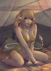Rule 34 | 10s, 1girl, au ra, au ra raen, warrior of light (ff14), babydoll, bare shoulders, bed, blonde hair, bottomless, breasts, brown eyes, crossed arms, dragon girl, dragon horns, dragon tail, female pubic hair, final fantasy, final fantasy xiv, green eyes, horns, lips, long hair, looking at viewer, medium breasts, navel, nipples, no panties, parted lips, pubic hair, pussy, scales, see-through, sitting, solo, soranamae, tail, twintails