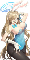 Rule 34 | 1girl, :d, animal ears, arm up, asuna (blue archive), asuna (bunny) (blue archive), asymmetrical bangs, blue archive, blue bow, blue bowtie, blue eyes, blue leotard, blue ribbon, bow, bowtie, breasts, cleavage, covered navel, cowboy shot, detached sleeves, fake animal ears, gloves, hair over one eye, hair ribbon, halo, hand on own head, hand on own thigh, hand up, highres, jiuyin, large breasts, leotard, light brown hair, long hair, looking at viewer, mole, mole on breast, official alternate costume, open mouth, pantyhose, playboy bunny, rabbit ears, ribbon, smile, solo, strapless, strapless leotard, teeth, thighband pantyhose, traditional bowtie, upper teeth only, very long hair, white background, white gloves