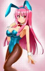 Rule 34 | 1girl, animal ears, blue leotard, bow, bowtie, breasts, brown pantyhose, cleavage, cowboy shot, detached collar, honda takaharu, kotonoha akane, large breasts, leotard, long hair, pantyhose, pink hair, playboy bunny, rabbit ears, red bow, red bowtie, red eyes, sidelocks, solo, standing, strapless, strapless leotard, synthesizer v, voiceroid, wrist cuffs