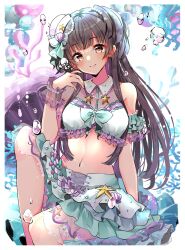 Rule 34 | 1girl, air bubble, arm scrunchie, arm support, bare shoulders, black hair, blunt bangs, blush, breasts, brown eyes, bubble, closed mouth, coral, crop top, cropped shirt, dot nose, frilled shirt, frills, green ribbon, green skirt, hand up, hat, hat ribbon, highres, idolmaster, idolmaster shiny colors, knee up, layered skirt, long hair, looking at viewer, mayuzumi fuyuko, medium breasts, midriff, mini hat, multicolored shirt, navel, ribbon, scrunchie, see-through, shell, shirt, sitting, skirt, smile, solo, star (symbol), two side up, water, yuanagae