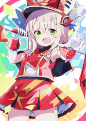 Rule 34 | 1girl, band uniform, blonde hair, covered collarbone, cowboy shot, crossed bangs, eyes visible through hair, flag, gloves, green eyes, hair between eyes, hat, highres, holding, holding flag, legs apart, long hair, marching band, miniskirt, multicolored background, omochishiki, open mouth, original, outstretched arm, over shoulder, ringed eyes, round teeth, shako cap, skirt, solo, tassel, teeth, turtleneck, white gloves