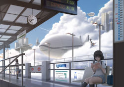 Rule 34 | 3girls, aircraft, airplane, airship, arm up, arrow (symbol), bag, black socks, book, bookbag, brown eyes, brown hair, building, chair, clock, cloud, contrail, day, dress shirt, english text, flying, from behind, full body, future, holding, holding book, jet, kneehighs, lamppost, multiple girls, open book, original, pleated skirt, railing, reading, riding, roman numeral, school uniform, shirt, short hair, short sleeves, siraha, skirt, sky, skyscraper, socks, standing, station, twintails