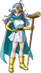 1girl aqua_cape artist_request blue_hair boots breasts cape closed_mouth dragon_quest dragon_quest_iii dragon_quest_tact dress earrings floating_hair full_body gloves gold_circlet hair_between_eyes hand_on_own_hip holding holding_staff jewelry looking_at_viewer medium_breasts official_art red_eyes sage_(dq3) smile solo staff strapless strapless_dress stud_earrings third-party_source transparent_background white_dress yellow_footwear yellow_gloves