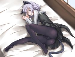 Rule 34 | 00s, 1girl, animal ears, ass, bed, black pantyhose, cameltoe, feet, green eyes, hamihe, legs, long legs, lying, no panties, one eye closed, pantyhose, purple hair, sanya v. litvyak, skin tight, sleepy, solo, strike witches, tail, third-party edit, wink, world witches series