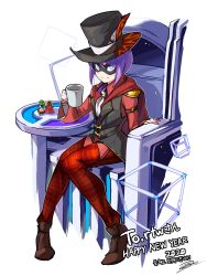 Rule 34 | 1boy, adapted costume, arm rest, black headwear, blue eyes, bright pupils, brown footwear, closed mouth, commentary request, creatures (company), cup, elite four, game freak, gen 1 pokemon, gen 2 pokemon, hand up, happy new year, hat, highres, holding, holding cup, jynx, kiwi of ruin, korean commentary, korean text, long sleeves, male focus, new year, nintendo, pants, pokemon, pokemon (creature), pokemon hgss, purple hair, red pants, red shirt, shirt, shoes, short hair, sitting, smile, throne, translation request, vest, will (pokemon), xatu