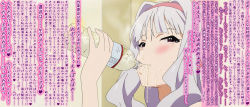 Rule 34 | 1girl, artist request, blush, bottle, cum, cum in container, cum in mouth, cum string, drinking, gokkun, hairband, idolmaster, idolmaster (classic), looking at viewer, shijou takane, silver hair, smell, solo, sweat, tagme, translated