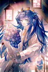 Rule 34 | 1girl, :d, absurdres, animal ear fluff, arknights, astgenne (arknights), astgenne (her aspiration) (arknights), blue eyes, blue flower, blue hair, bouquet, bow, chinese commentary, coat, commentary request, flower, hairband, highres, holding, holding bouquet, jacket, lamp, long hair, long sleeves, looking at viewer, neck ribbon, off shoulder, official alternate costume, open mouth, ribbon, smile, solo, upper body, very long hair, white hairband, white jacket, yellow bow, yellow coat, yellow ribbon, zeqiyuxing