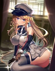 Rule 34 | 1girl, anchor hair ornament, ass, bismarck (kancolle), bismarck kai (kancolle), blonde hair, blue eyes, blurry, blurry background, closed mouth, commentary, cross, curtains, detached sleeves, dress, elbow gloves, gloves, grey dress, grey thighhighs, hair ornament, hat, highres, indoors, iron cross, kantai collection, military, military hat, military uniform, o-sirius, panties, peaked cap, sitting, solo, thighhighs, underwear, uniform, window, yokozuwari