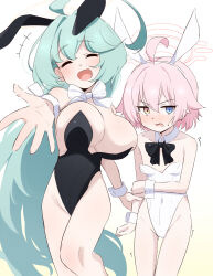 Rule 34 | 2girls, ahoge, animal ears, aqua hair, averting eyes, bare shoulders, black leotard, blue archive, blue eyes, blush, breasts, closed mouth, commentary, cowboy shot, detached collar, donutman, embarrassed, facing viewer, fake animal ears, fang, foreshortening, heterochromia, highleg, highleg leotard, highres, holding another&#039;s wrist, hoshino (blue archive), hoshino (young) (blue archive), huge breasts, leotard, long hair, multiple girls, open mouth, outstretched arm, oversized breast cup, paid reward available, pink hair, playboy bunny, rabbit ears, reaching, reaching towards viewer, short hair, simple background, smile, strapless, strapless leotard, symbol-only commentary, undersized breast cup, v-shaped eyebrows, very long hair, white background, white leotard, wrist cuffs, yellow eyes, yume (blue archive)