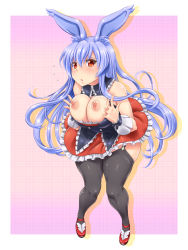 1girl animal_ears blue_hair blush breasts breasts_out rabbit_ears detached_...