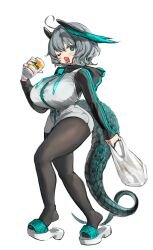 Rule 34 | 1girl, ahoge, arknights, bag, black pantyhose, black wings, blush, breasts, can, full body, green eyes, green nails, green wings, grey hair, head wings, highres, ho&#039;olheyak (arknights), holding, holding can, hood, hoodie, huge breasts, kkaebing, looking at viewer, medium hair, one eye closed, pantyhose, plastic bag, sandals, simple background, snake girl, snake tail, tail, tongue, tongue out, two-tone wings, white background, wings