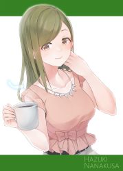 Rule 34 | 1girl, arm up, belt, blouse, breasts, brown eyes, character name, coffee mug, collarbone, commentary request, cup, feathers, green hair, hand in own hair, head tilt, highres, holding, holding cup, idolmaster, idolmaster shiny colors, jewelry, letterboxed, long hair, looking at viewer, medium breasts, mug, nanakusa hazuki, necklace, parted bangs, pekoni (peconi), pink shirt, shirt, short sleeves, simple background, smile, solo, upper body, very long hair, white background