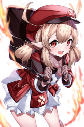 Rule 34 | 1girl, absurdres, ahoge, azarashi (azrsot), boots, cabbie hat, dress, fire, frilled skirt, frills, full body, genshin impact, hat, highres, klee (genshin impact), leaning forward, long sleeves, looking at viewer, open mouth, pointy ears, red dress, red hat, scarf, short twintails, shorts, simple background, skirt, smile, solo, twintails, white background