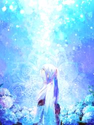 Rule 34 | 1girl, black sash, blue background, blue flower, blue hair, blurry, blurry foreground, earrings, flower, hydrangea, japanese clothes, jewelry, kimono, light, light particles, long hair, long sleeves, looking up, mint5464, multicolored background, original, ponytail, profile, purple background, purple flower, rain, sash, solo, upper body, white kimono