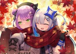Rule 34 | 2girls, :d, amane kanata, amane kanata (work), asymmetrical hair, autumn leaves, beret, black gloves, black headwear, blue hair, blush, cardigan, closed eyes, colored inner hair, commentary request, gloves, green eyes, grey cardigan, hair bun, hair ornament, hairclip, halo, hat, highres, hololive, hototogisu (hot to gis), jacket, leaf, long sleeves, looking away, maple leaf, multicolored hair, multiple girls, one side up, open mouth, parted lips, partially fingerless gloves, pink hair, purple hair, red scarf, scarf, shared clothes, shared scarf, sideways glance, silver hair, single hair bun, smile, star halo, streaked hair, tokoyami towa, underwear, virtual youtuber, white jacket, x hair ornament