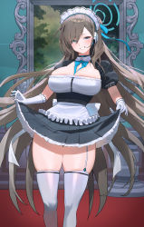 Rule 34 | 1girl, apron, asuna (blue archive), black dress, blue archive, blue neckwear, blush, bow, bowtie, breasts, choker, cleavage, dress, elbow gloves, gloves, grin, halo, headphones, highres, hood (james x), large breasts, light brown hair, long hair, maid headdress, mole, mole on breast, neck ribbon, puffy short sleeves, puffy sleeves, ribbon, short sleeves, skindentation, smile, white apron, white gloves