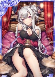 Rule 34 | 1girl, akkijin, breasts, card (medium), chinese clothes, flower, gloves, grey hair, hair flower, hair ornament, incense, incense burner, large breasts, long hair, looking at viewer, official art, red eyes, red gloves, shinkai no valkyrie, sitting