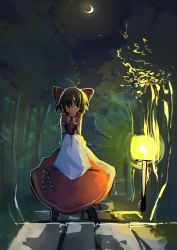 Rule 34 | 1girl, absurdres, bow, brown eyes, brown hair, crescent, crescent moon, detached sleeves, hair bow, hair ribbon, hair tubes, hakurei reimu, highres, japanese clothes, kaamin (mariarose753), kamindani, lantern, looking to the side, miko, moon, night, night sky, outdoors, ribbon, shide, skirt, skirt set, sky, smile, solo, standing, star (sky), touhou, tree, v arms, wide sleeves