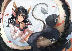 Rule 34 | 159cm, 1girl, :d, animal ears, black hair, black sailor collar, black skirt, brown eyes, dragon girl, dragon horns, horns, lamia, long sleeves, looking at viewer, low twintails, monster girl, neckerchief, open mouth, original, own hands together, pleated skirt, red neckerchief, sailor collar, shirt, skirt, smile, solo, twintails, underwater, white shirt