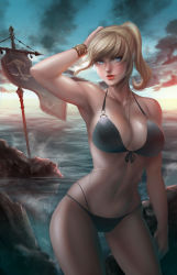 Rule 34 | 10s, 1girl, absurdres, arm up, aya foxheart, banner, bikini, blonde hair, blue eyes, bracelet, breasts, cleavage, cowboy shot, day, final fantasy, final fantasy xiv, hand on own head, highres, hyur, jewelry, large breasts, navel, outdoors, ponytail, ragecndy, solo, swimsuit, water