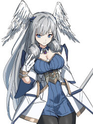 Rule 34 | 1girl, blue eyes, breasts, cleavage, gloves, grey hair, head wings, highres, kame 0 0 kame, large breasts, long hair, looking at viewer, medium breasts, melia antiqua, simple background, solo, white background, white gloves, wings, xenoblade chronicles (series), xenoblade chronicles 3