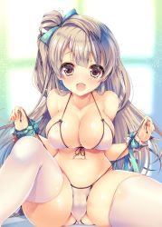 Rule 34 | 10s, 1girl, ayuma sayu, bare shoulders, bikini, bikini pull, blush, bow, breasts, brown eyes, brown hair, clothes pull, covered erect nipples, female focus, front-tie top, hair bow, hair ribbon, large breasts, long hair, looking at viewer, love live!, love live! school idol project, md5 mismatch, minami kotori, navel, open mouth, ribbon, shiny skin, side-tie bikini bottom, side ponytail, sitting, skindentation, smile, solo, swimsuit, thighhighs, untied, white bikini, white thighhighs, wrist cuffs