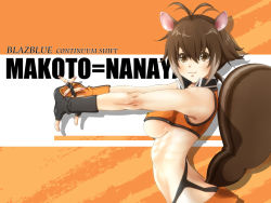 Rule 34 | 1girl, ahoge, animal ears, antenna hair, arc system works, bad id, bad pixiv id, bare shoulders, blazblue, blazblue: continuum shift, breasts, brown eyes, brown hair, character name, copyright name, elbow gloves, fingerless gloves, gloves, halterneck, halterneck, mako (artist), makoto (xtruth), makoto nanaya, miniskirt, revealing clothes, short hair, skirt, solo, squirrel ears, squirrel tail, strapless, stretching, tail, tube top, underboob, xtruth