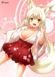 Rule 34 | 1girl, animal ear fluff, animal ears, blonde hair, breasts, collarbone, eyebrows, fang, female focus, floral print, fox ears, gradient background, hip vent, japanese clothes, kohaku (yua), large breasts, long hair, long sleeves, looking at viewer, miko, no bra, open clothes, open mouth, open shirt, original, sash, shirt, skirt, slit pupils, smile, solo, thick eyebrows, very long hair, wide sleeves, yellow eyes, yua (checkmate)