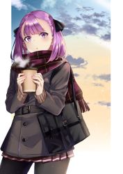 Rule 34 | 1girl, bad id, bad twitter id, bag, black pantyhose, casual, coffee cup, commentary request, cowboy shot, cup, disposable cup, dusk, fate/grand order, fate (series), hair ribbon, helena blavatsky (fate), long sleeves, nishimi shin, pantyhose, parted lips, plaid, plaid scarf, pleated skirt, purple eyes, purple hair, ribbon, scarf, short hair, shoulder bag, skirt, solo