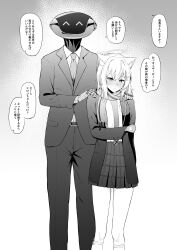 Rule 34 | 1boy, 1girl, ^ ^, absurdres, animal ear fluff, animal ears, blue archive, blush, closed eyes, closed mouth, commentary, greyscale, halo, hands on another&#039;s shoulder, highres, jacket, long sleeves, looking at viewer, monochrome, necktie, nose blush, open clothes, open jacket, pants, pleated skirt, robot, scarf, shiroko (blue archive), shirt, skirt, speech bubble, sweat, symbol-only commentary, takaman (gaffe), translation request
