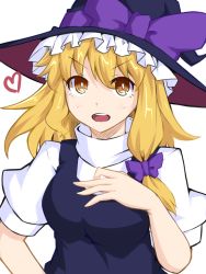 Rule 34 | 1girl, blonde hair, bow, hair bow, hat, hat bow, heart, ishimu, kirisame marisa, open mouth, raised eyebrow, solo, touhou, witch hat, yellow eyes