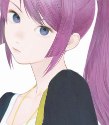 Rule 34 | 1girl, bakemonogatari, blue eyes, blunt tresses, close-up, closed mouth, collarbone, cropped, from side, head tilt, jewelry, long hair, looking at viewer, looking to the side, matayoshi, monogatari (series), necklace, nostrils, ponytail, portrait, purple hair, senjougahara hitagi, sidelocks, simple background, solo, swept bangs, white background