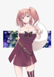 Rule 34 | 1girl, absurdres, atlanta (kancolle), breasts, brown hair, collarbone, cowboy shot, dress, earrings, grey eyes, highres, holding, holding sack, jewelry, kantai collection, large breasts, long hair, red dress, red thighhighs, sack, santa dress, single earring, single thighhigh, smile, solo, standing, star (symbol), star earrings, strapless, strapless dress, striped clothes, striped thighhighs, thighhighs, two side up, u yuz xx, vertical-striped clothes, vertical-striped thighhighs