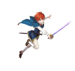 Rule 34 | 1boy, aged down, azu-taro, blue eyes, brown footwear, capelet, clenched teeth, eliwood (fire emblem), fire emblem, fire emblem: the blazing blade, fire emblem heroes, holding, holding sword, holding weapon, male focus, neck ribbon, nintendo, official alternate costume, official art, red capelet, red hair, red ribbon, ribbon, sheath, solo, sword, teeth, v-shaped eyebrows, weapon