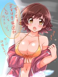 Rule 34 | 1girl, :o, arm under breasts, bare shoulders, bikini, blush, breasts, brown hair, cleavage, collarbone, commentary request, front-tie bikini top, front-tie top, hair flaps, honda mio, idolmaster, idolmaster cinderella girls, jacket, jacket partially removed, large breasts, looking at viewer, navel, pink jacket, solo, speech bubble, stomach, swimsuit, tong (freedom2000), translation request, yellow bikini