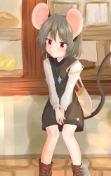 Rule 34 | absurdres, against wall, alternate costume, animal ears, bag, blush, boots, casual, cross-laced footwear, dakuazu, dress, expressionless, grey hair, highres, jewelry, long sleeves, looking to the side, mouse (animal), mouse ears, mouse tail, nazrin, pendant, pigeon-toed, red eyes, short hair, shoulder bag, sweater, sweater dress, tail, touhou, waiting