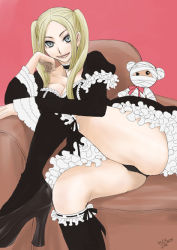 Rule 34 | 1girl, :d, arm garter, armchair, ass, bandages, black dress, black footwear, black socks, blonde hair, blue eyes, breasts, chair, choker, couch, dress, frilled dress, frilled sleeves, frilled socks, frills, goth fashion, gotou akira, head rest, high heels, kneehighs, lips, long hair, long sleeves, looking at viewer, open mouth, original, panties, pantyshot, pink background, reclining, red background, shoes, simple background, sitting, smile, socks, solo, stuffed animal, stuffed toy, teddy bear, twintails, underwear, upskirt, wide sleeves