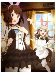 Rule 34 | 2girls, :d, :o, absurdres, animal ears, apron, aqua eyes, arm up, black dress, black footwear, blue sky, brown eyes, brown hair, cloud, collarbone, curtains, day, dress, fake animal ears, frilled dress, frills, hair between eyes, hand on own chest, highres, indoors, light brown hair, long hair, luminous witches, maid, mc axis, multiple girls, official art, open mouth, rabbit ears, scan, shibuya inori, shirakawa ryousuke, sky, smile, standing, thighhighs, virginia robertson, waving, white apron, white thighhighs, window, world witches series, wrist cuffs