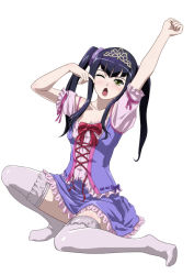 Rule 34 | 00s, 1girl, arm up, black hair, bow, breasts, cleavage, collarbone, diadem, grey thighhighs, hair ornament, ikkitousen, lace, lace-trimmed shirt, lace trim, long hair, one eye closed, open mouth, pink ribbon, purple bow, purple eyes, red bow, ribbon, saji genpou (true), shirt, simple background, small breasts, solo, thighhighs, twintails, white background, yawning, yellow eyes