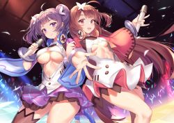 Rule 34 | 2girls, :d, absurdres, ahoge, azur lane, bracelet, breasts, brown hair, brown legwear, center opening, cleavage, closed mouth, cropped jacket, dress, glowstick, headphones, headphones around neck, highres, holding, holding microphone, huge filesize, idol, jewelry, large breasts, long hair, long sleeves, looking at viewer, medium breasts, microphone, miniskirt, multiple girls, navel, ning hai (azur lane), ning hai (dragon sisters! -n) (azur lane), open mouth, outstretched arm, pdxen, ping hai (azur lane), ping hai (dragon sisters! -p) (azur lane), purple eyes, purple hair, purple skirt, red eyes, shirt, single thighhigh, skirt, smile, standing, stomach, thighhighs, thighs, twintails, underboob, very long hair, white dress, white shirt, wide sleeves