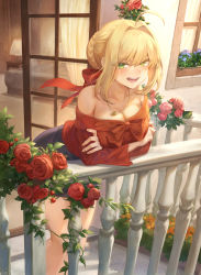 Rule 34 | 1girl, ahoge, balcony, bare shoulders, blonde hair, blue skirt, blush, braid, breasts, cleavage, collarbone, contemporary, fate/extra, fate (series), flower, french braid, green eyes, hair between eyes, hair intakes, hair ribbon, highres, jewelry, large breasts, leaning forward, long hair, long sleeves, looking at viewer, mashuu (neko no oyashiro), necklace, nero claudius (fate), nero claudius (fate) (all), nero claudius (fate/extra), off-shoulder shirt, off shoulder, open mouth, plant, railing, red ribbon, red skirt, ribbon, rose, shirt, skirt, smile, solo, thighs, window